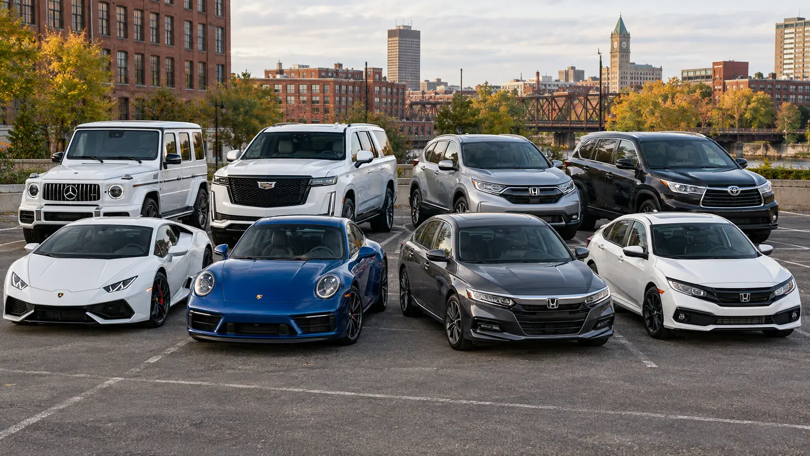 Eight rental vehicles, including Lamborghini and Porsche sports cars, luxury SUVs, and Honda daily drivers.