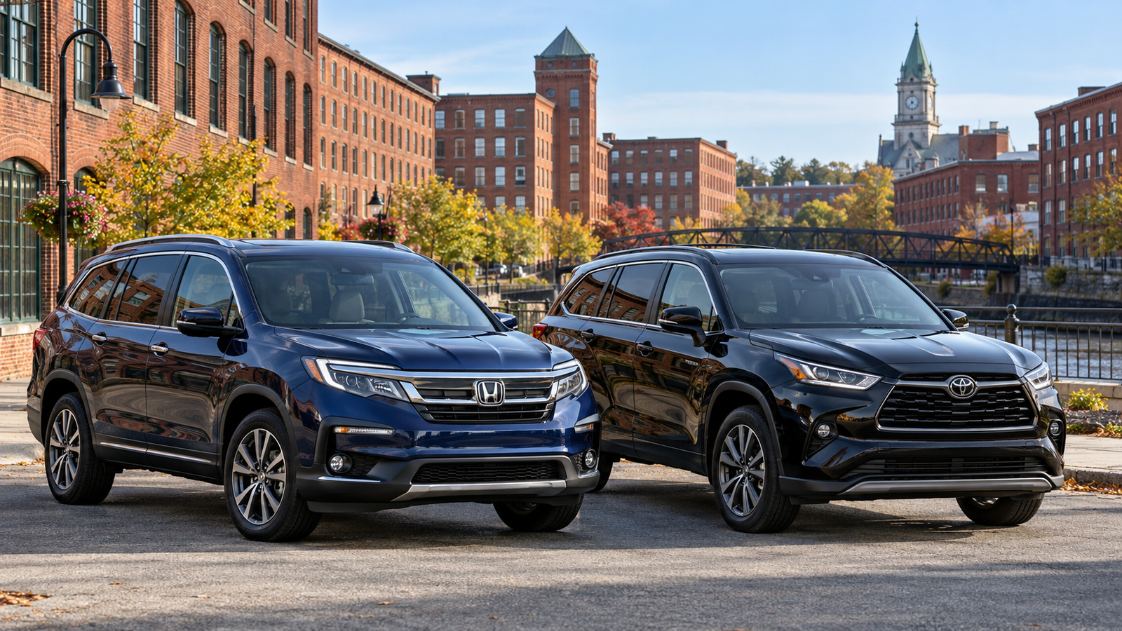 Six-plus passenger rental vehicles in Manchester, NH: blue Honda Pilot and black Toyota Highlander.
