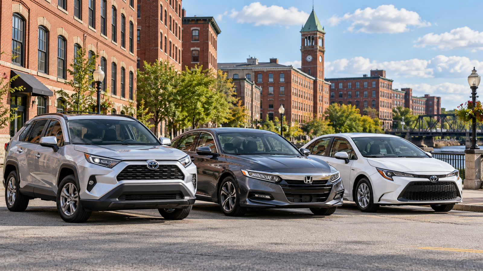 Daily driver rental fleet in Manchester, NH: silver Toyota RAV4, gray Honda Accord, and white Toyota Corolla.