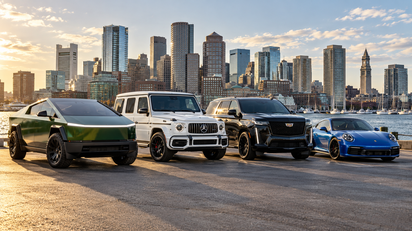 Premium and exotic rental fleet in Boston: green Tesla Cyberbeast, white Mercedes G-Class, black Cadillac Escalade, and blue Porsche 911.