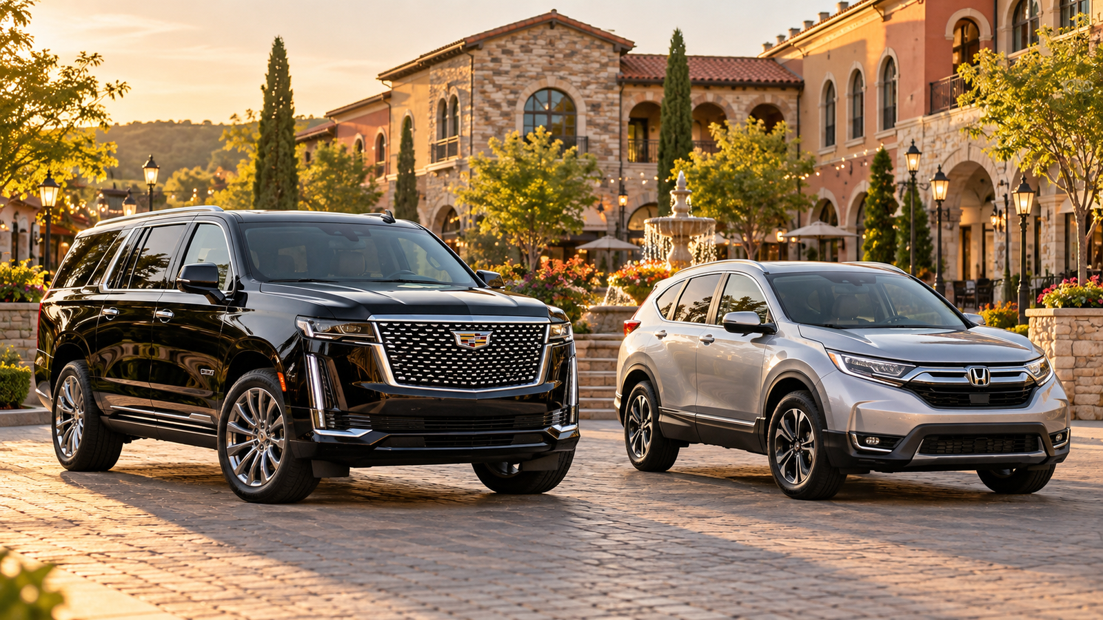 SUV rental fleet at Tuscan Village in Salem, NH: black Cadillac Escalade and silver Honda CR-V.