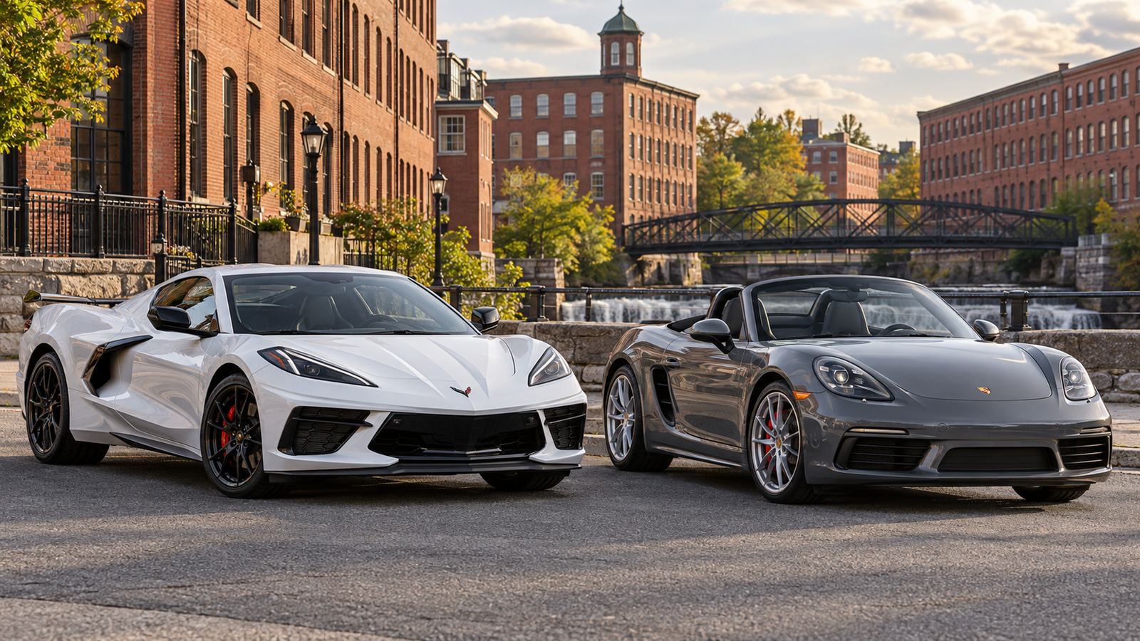Sports rentals in Manchester, NH: white Chevrolet Corvette C8 and gray Porsche 718 Boxster.